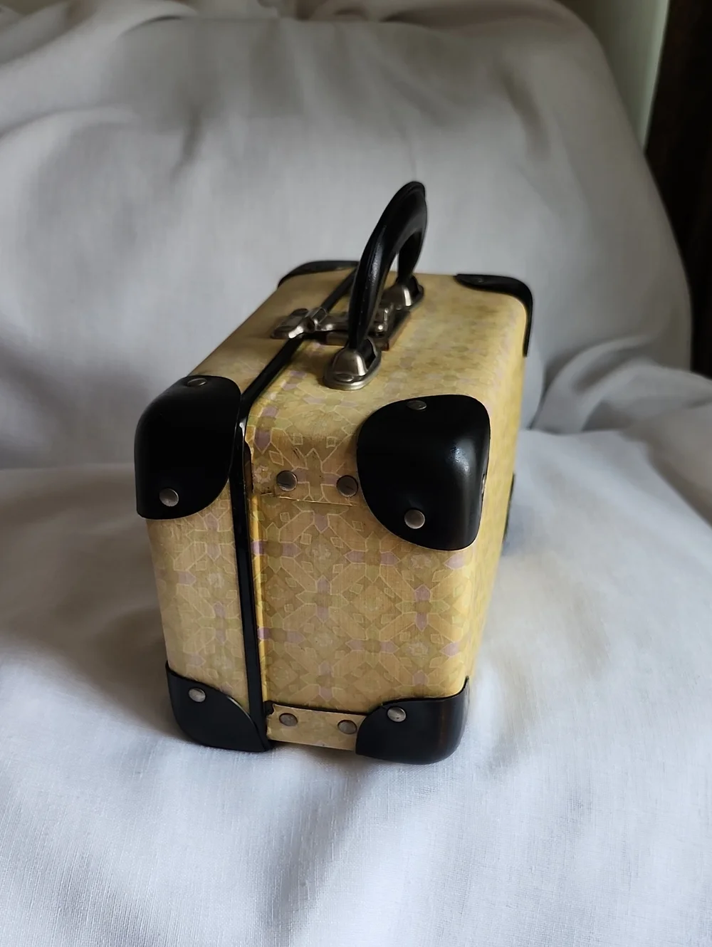 Vintage 1950's Yellow Fabric Black Leather Trim Hard Case Cosmetic Bag , $40